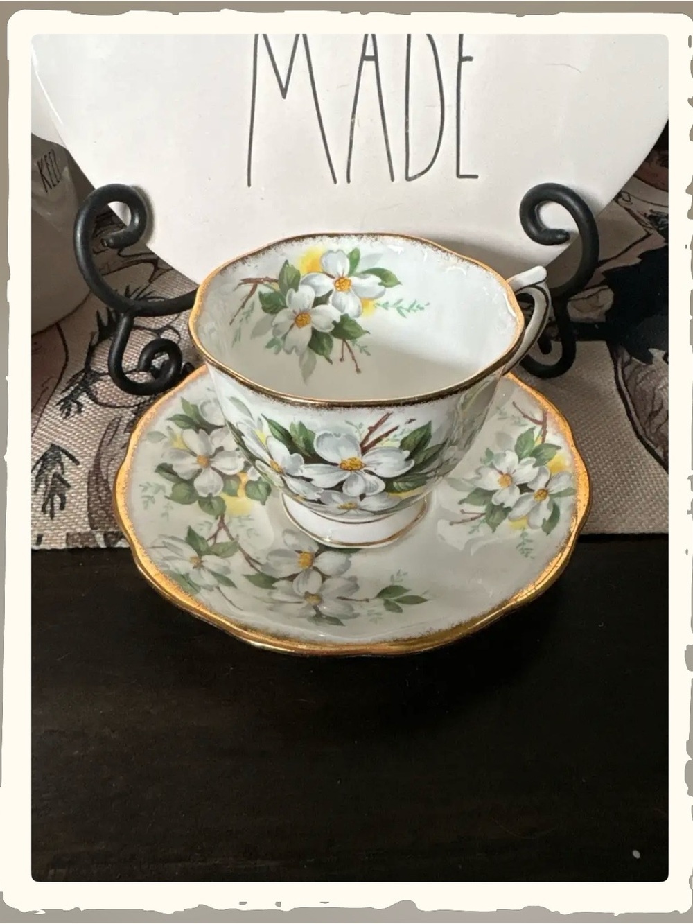 Royal Albert White Dogwood Gold-Trim Teacup & Saucer Set